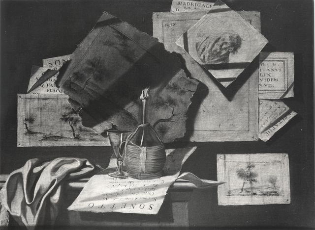 Anonimo — Desio Luigi - sec. XVIII - Trompe-l'oeil con disegni, stampe, fiasco e bicchiere — insieme